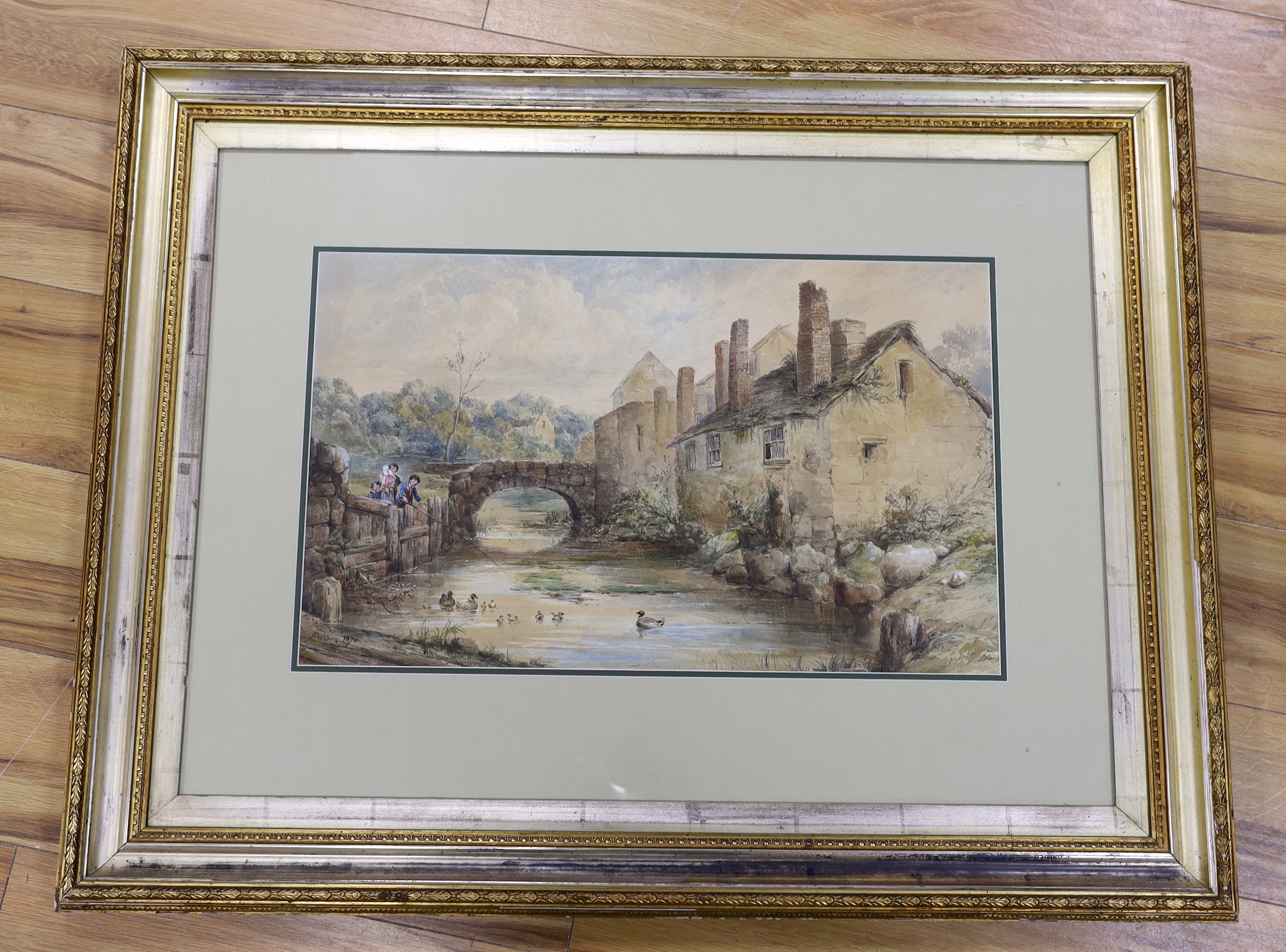 Frederick Davis (fl.1853-1892), watercolour, Bridge over stream with children fishing, signed and dated 1870, 36 x 59cm